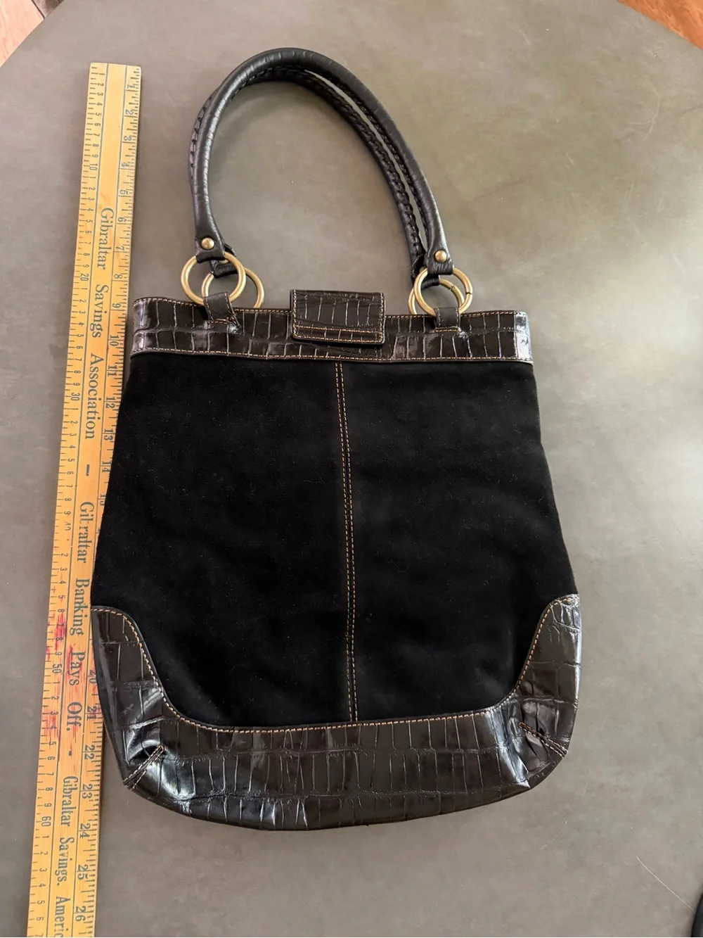 HOBO International Black Suede Croc Embossed Leather Shoulder Tote Bag